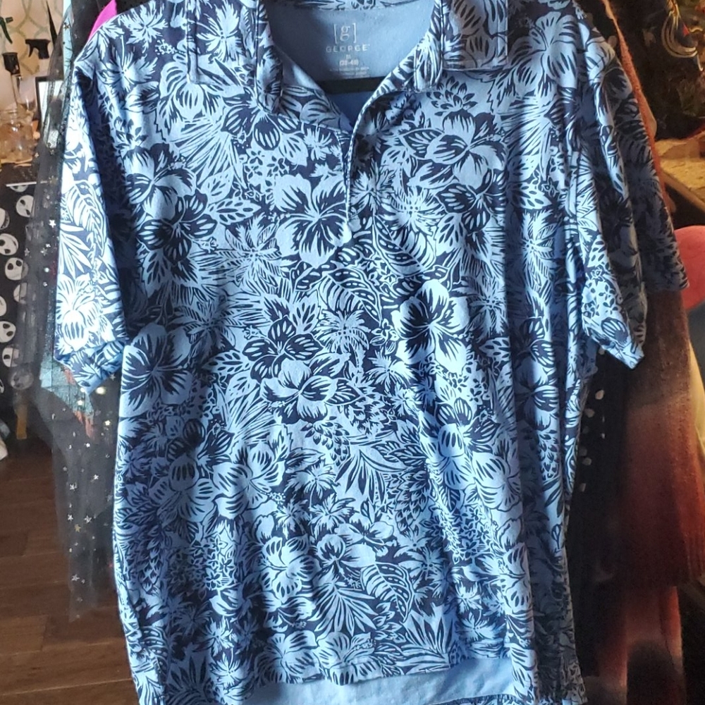 Blue Hawaiian Style Print Polo T